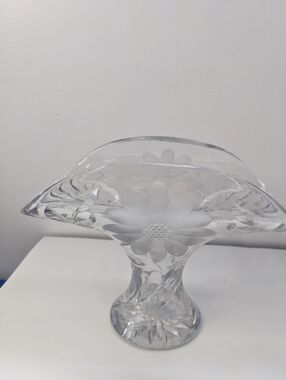 Vintage Cut Crystal Floral Vase Etched Flower Design Heavy Clear Glass Home Deco